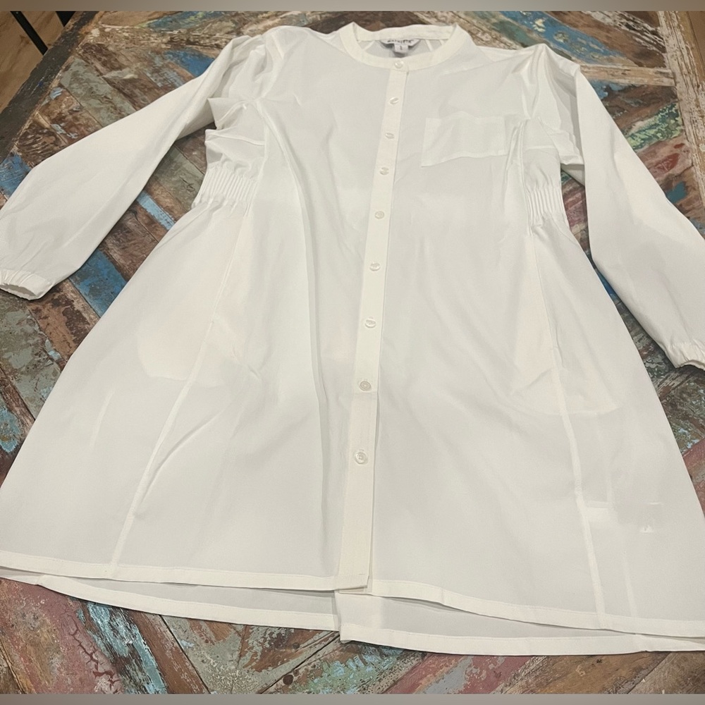 New Athleta White Long Sleeve Button Shirt Dress Midi Cinched Waist Pocket Large